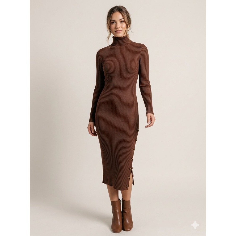 Baltic Born Women Small Brown Ribbed Turtleneck Midi Dress Fall Casual Bodycon